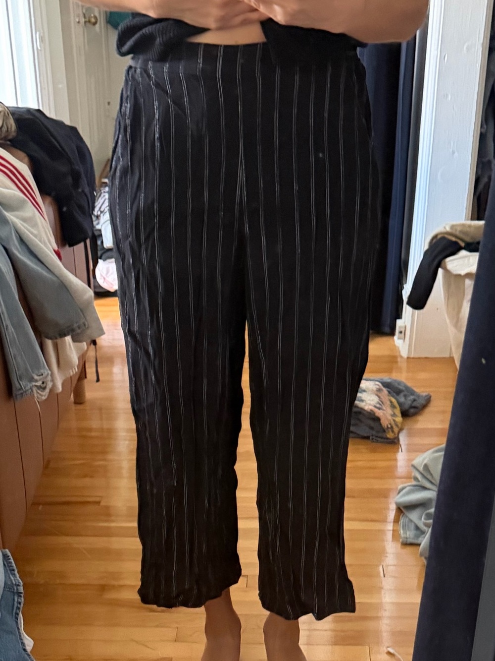 Aritzia Wilfred Black Pinstripe Wide-Leg Trousers